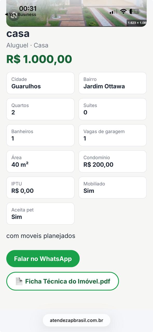 Botão Falar no WhatsApp e ficha técnica do imóvel