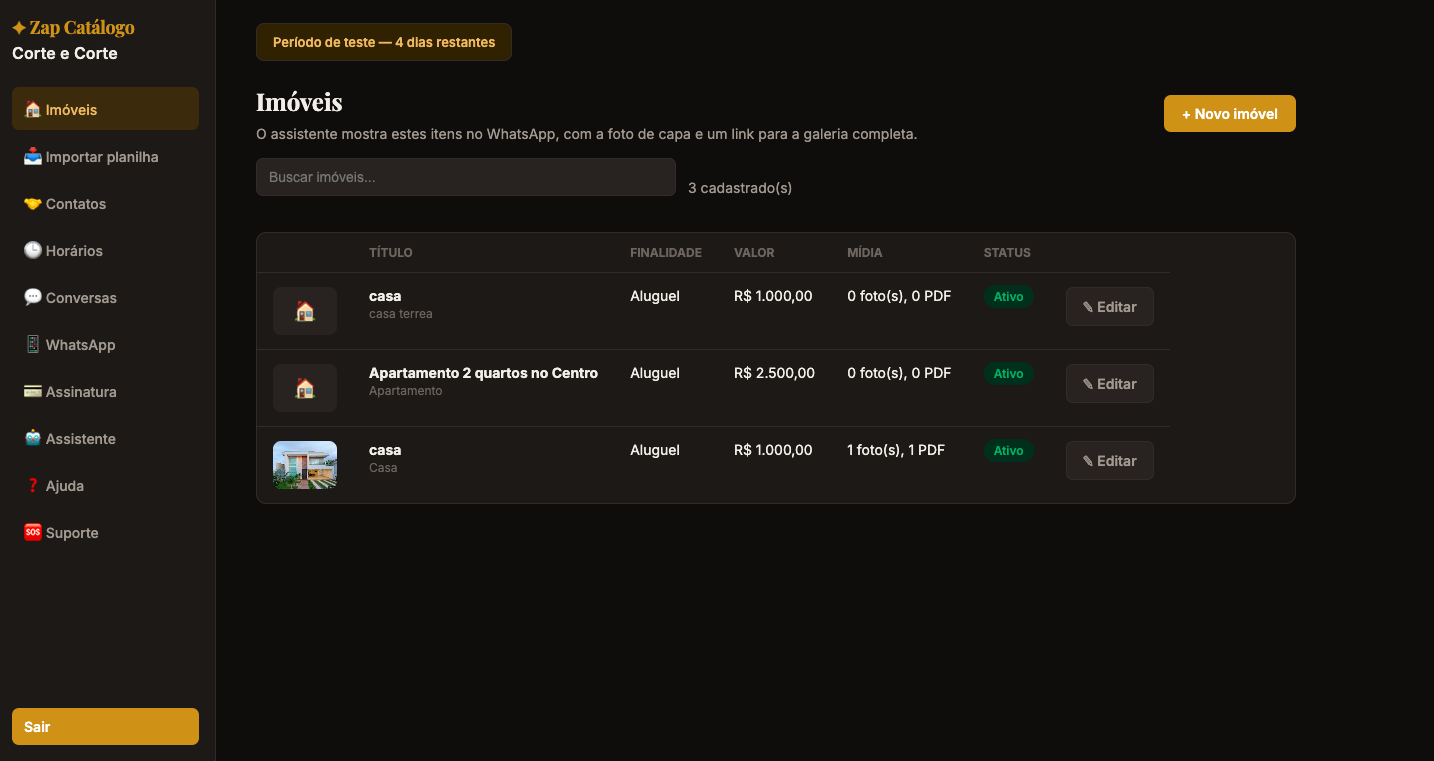 Lista de imóveis cadastrados no painel