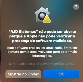 Aviso de segurança do macOS ao abrir o instalador